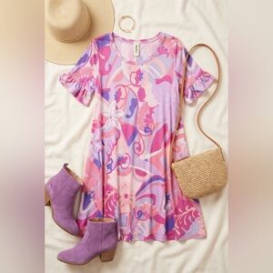 017 Haptics Pink Floral Ruffle Short Sleeve Dress with Pockets